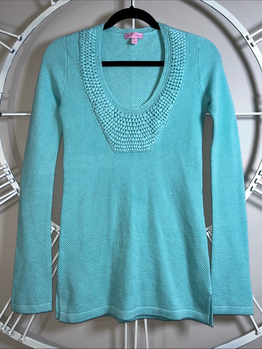 Lilly Pulitzer Roberts Tunic Knit Pullover Sweater Textured Crochet Detail Teal